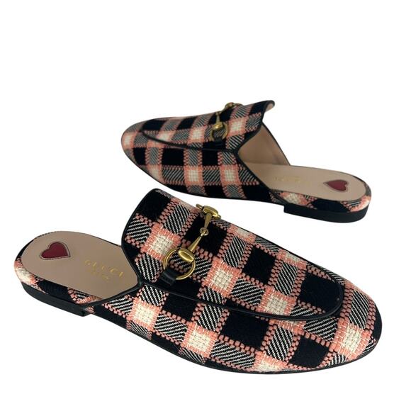 Gucci Tweed Calfskin Trim Damier Princetown Slippers Black Pink Multicolor - Picture 1 of 11
